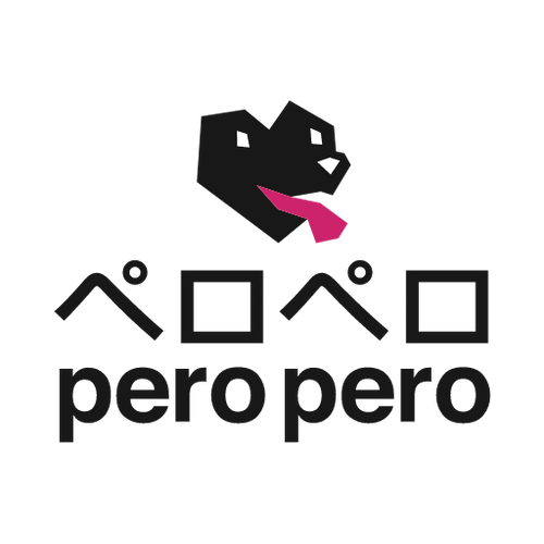 PeroPero logo featuring a stylized black dog head with a pink tongue. Below the logo, the name PeroPero in Japanese and English