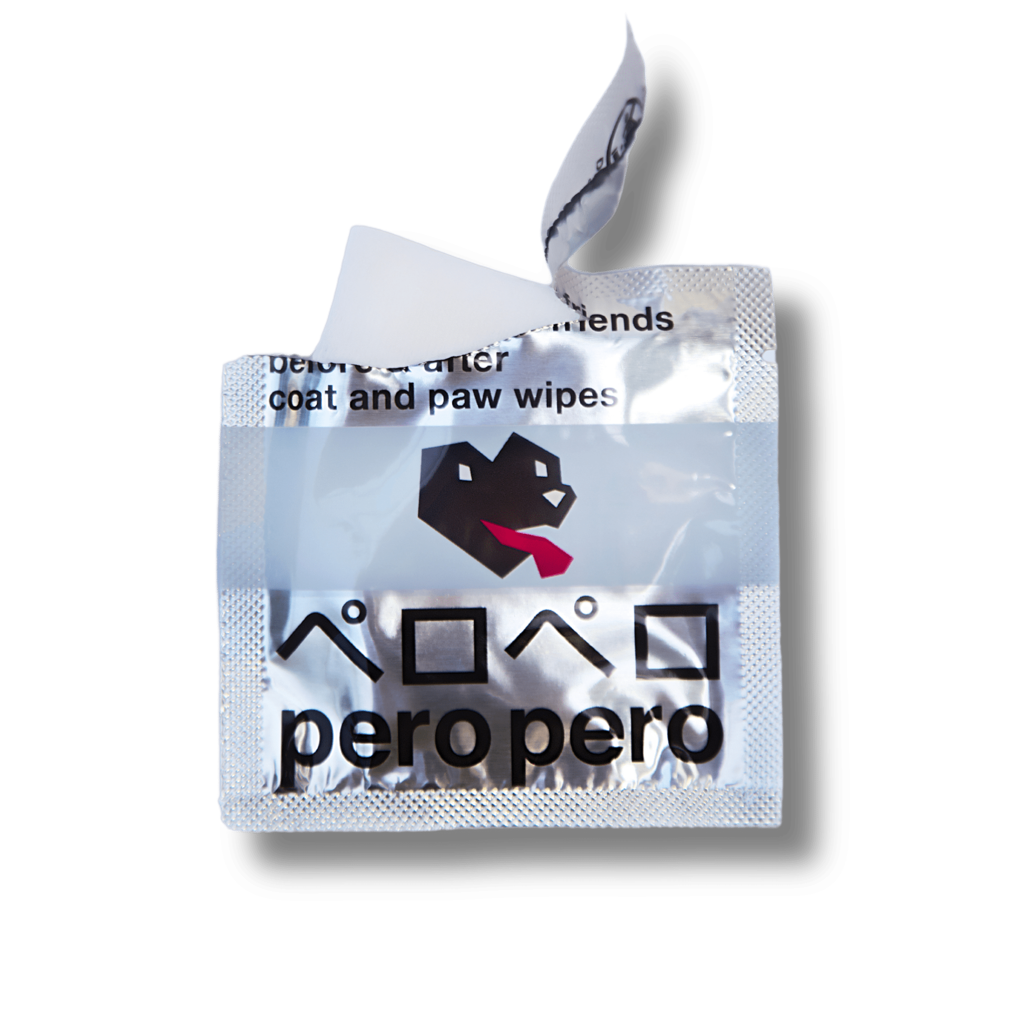 Opened PeroPero Fresh Friends Before & After Coat and Paw Wipes package, showing the wipe partially pulled out